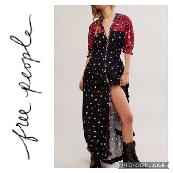 NEW FREE PEOPLE nora midi dress in black/red Size X-Small